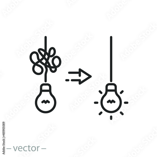 solving a complex problem icon, untangle and turn on lightbulb, process or  understand idea, simple solution, thin line symbol on white background - editable stroke vector illustration