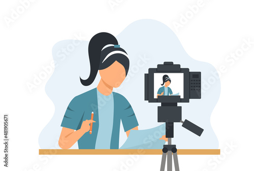 Vector cartoon illustration of female presenter at home make live video. Podcaster and broadcaster concept. Woman make blog, vlog