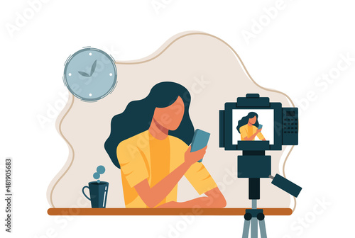 Vector cartoon illustration of female presenter at home make live video. Podcaster and broadcaster concept. Woman make blog, vlog