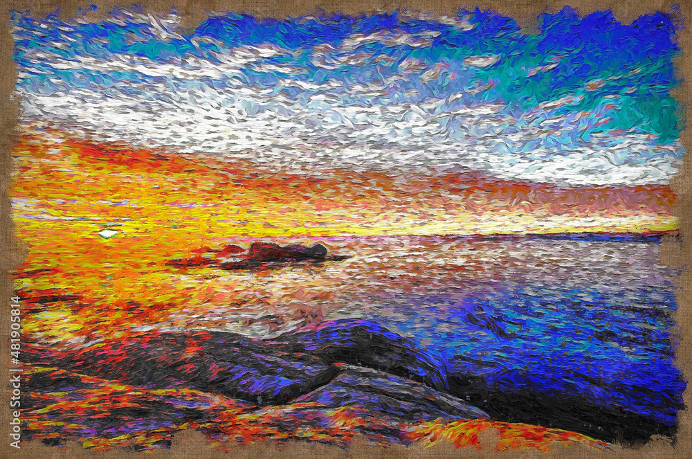 Sunset rocks painting style 