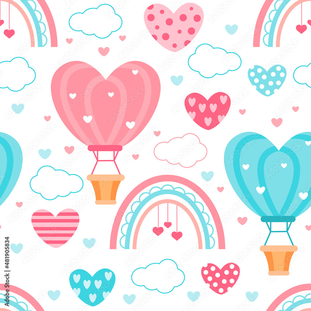 Vector seamless pattern with flying balls in the shape of a heart