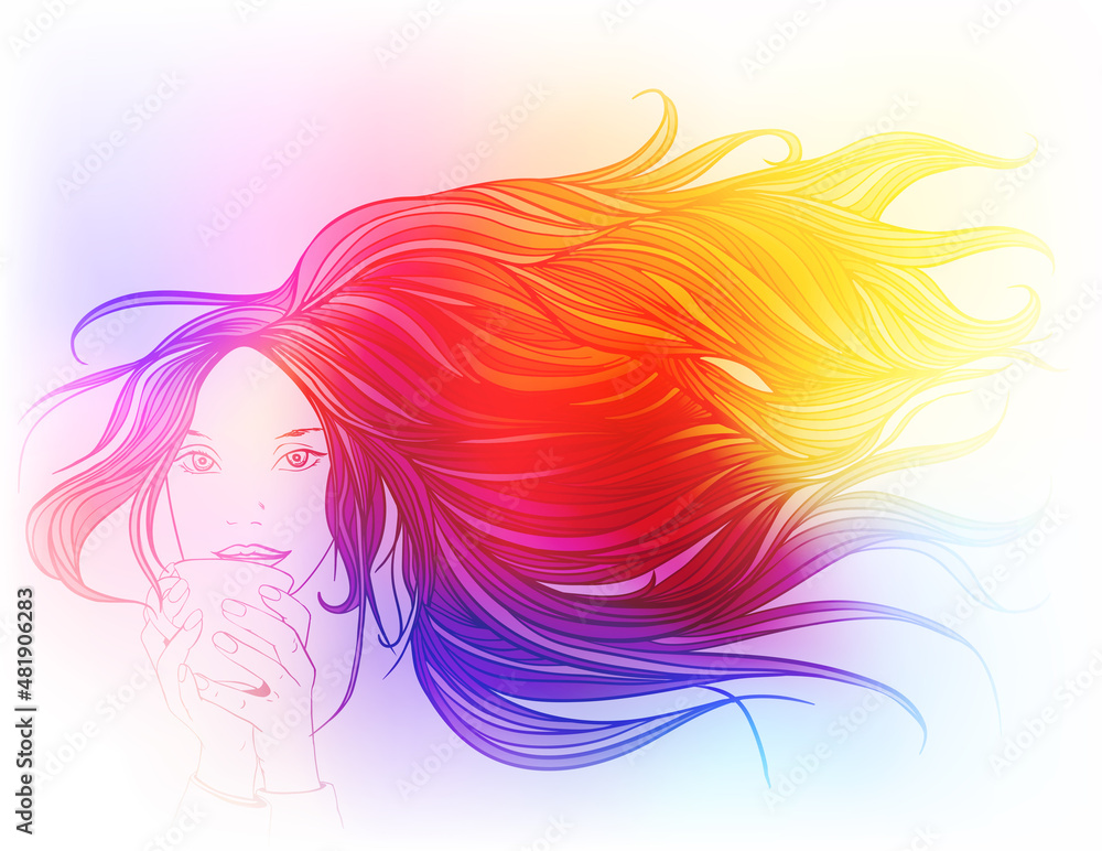 Beautiful girl with long hair flowing on the air, holding cup of drink. Vector illustration. Rainbow colors