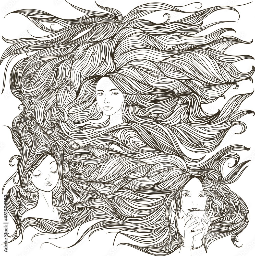 Fototapeta premium Composition of three young women faces and abstract flowing lines representing long hair. Monochrom vector illustration. 