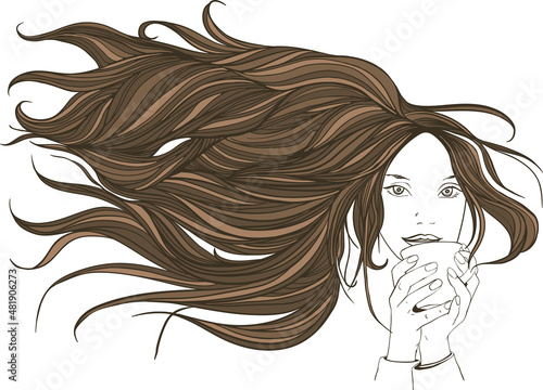 Beautiful girl with long hair flowing on the air, holding cup of drink. Vector illustration. 