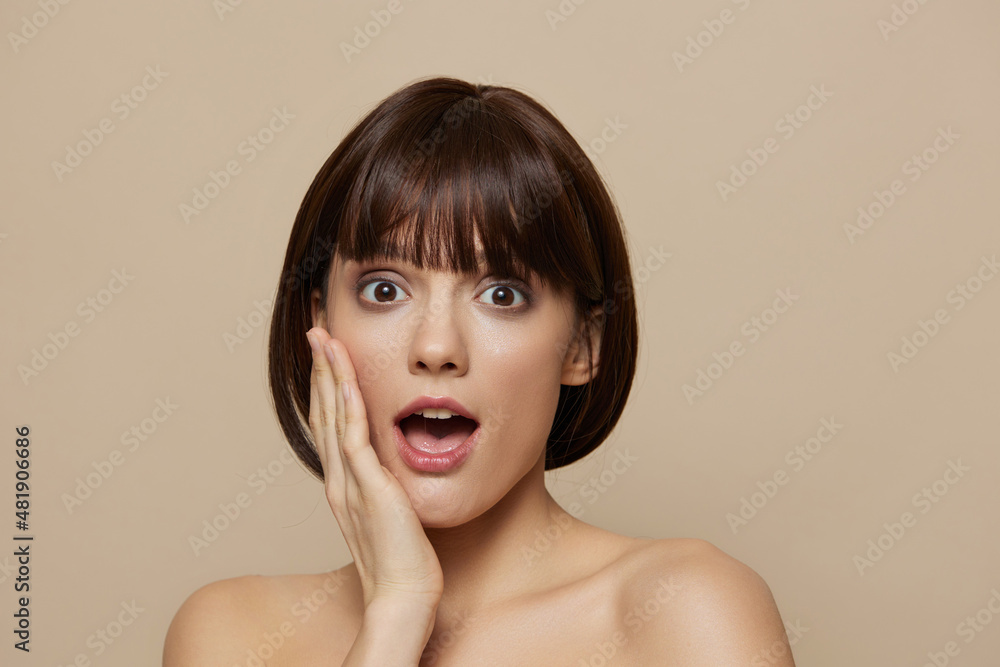 young woman smile skin care charm short haircut isolated background young woman smile skin care charm short haircut isolated background