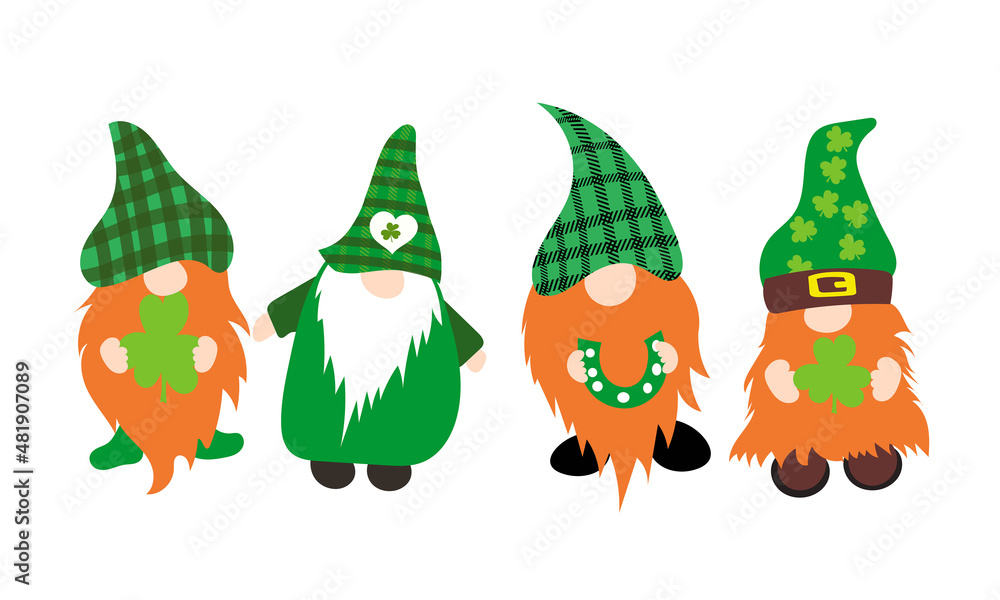 Obraz premium Vector illustration of St. Patrick’s Day Gnomes, Irish Gnomes Vector Holding Clovers, Shamrock