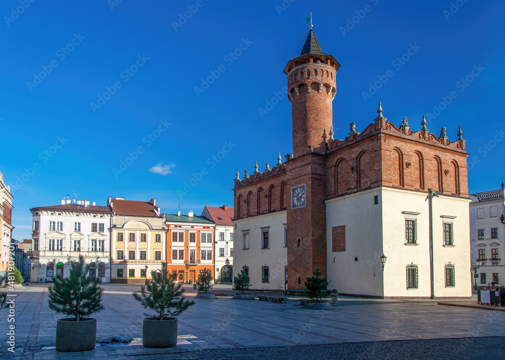 Naklejka premium Scenic view of renaissance town hall on market square of old town in Tarnow, Poland