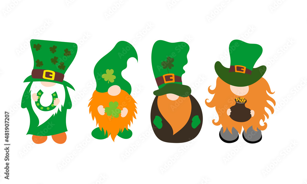 Vector illustration of St. Patrick’s Day Gnomes, Irish Gnomes Vector Holding Clovers, Shamrock