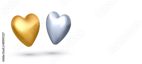 3d realistic pair of silver and golden balloons in heart shape.