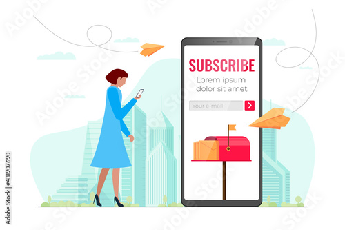 Subscribe on newsletter online service mobile app design template. E-mail subscription form on smartphone screen. Paper planes with message, mail and news fly to phone. Vector eps woman mailing