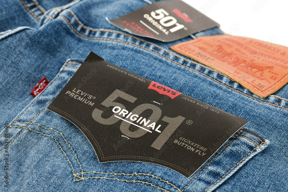 Levi's logo and badges is displayed on Levi Strauss 501 jeans. New LEVI'S  501 Jeans. Classic