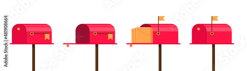 Red mailbox set. Closed and open, raised flag and letter inside. Empty post box and with envelope. Letterboxes illustration. Vector eps postboxes