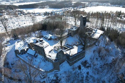 historical old castle ruins Orlik by Humpolec city aerial panorama view hrad Orlík  photo