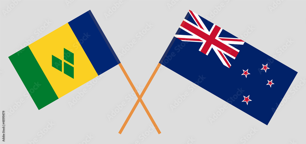 Crossed flags of New Zealand and Saint Vincent and the Grenadines. Official colors. Correct proportion