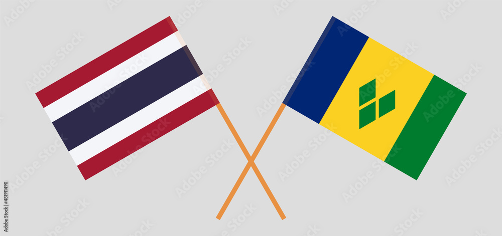 Crossed flags of Thailand and Saint Vincent and the Grenadines. Official colors. Correct proportion