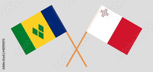 Crossed flags of Saint Vincent and the Grenadines and Malta. Official colors. Correct proportion