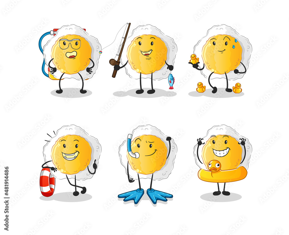 sunny side up water activity group. cartoon mascot vector