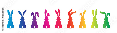 Silhouettes of rainbow bunnies isolated on a white. Set of different rabbits silhouettes for design use.