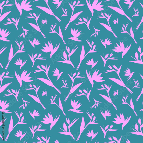 Vector seamless pattern. Seamless strelitzia flower pattern. Pink tropical flowers isolated on virid background. Strelitzia, bird of paradise, crane lily. Design for fashion textile, wallpapers.