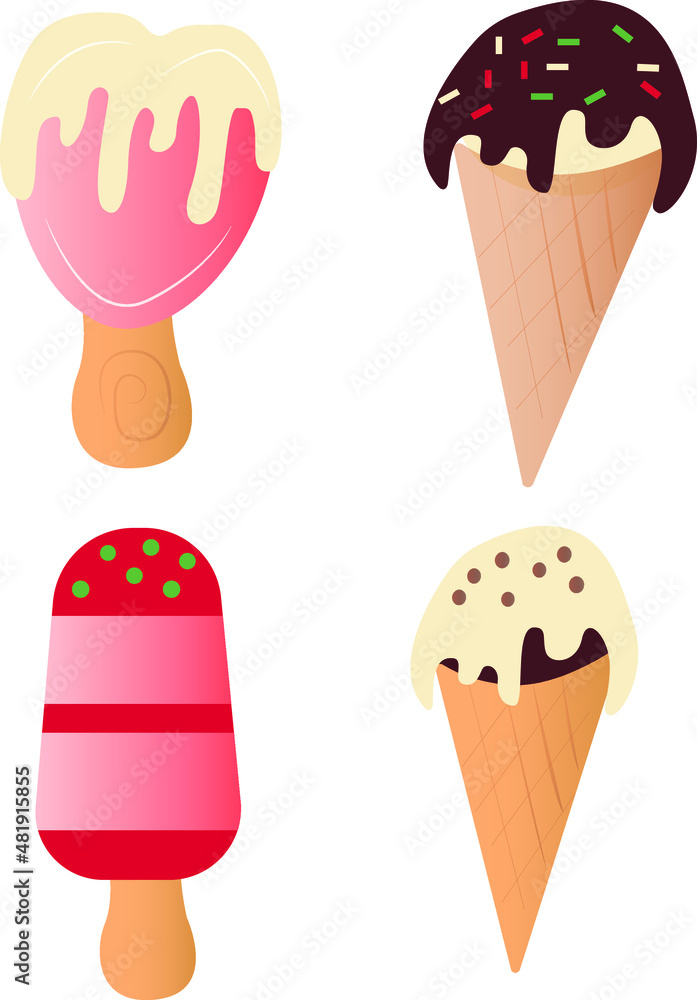 Collection of 4 ice cream vector illustrations isolated on white set Collection of 4 ice cream vector illustrations isolated on white set