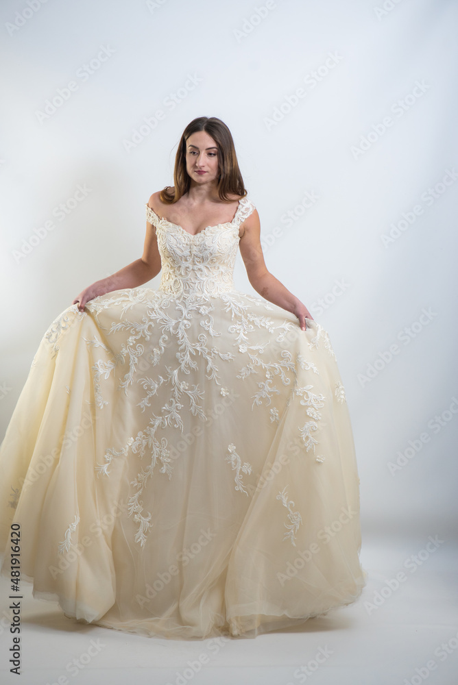 Beauty portrait of bride wearing fashion wedding dress with feathers with luxury delight make-up and hairstyle, studio indoor photo. Beauty portrait of bride wearing fashion wedding dress with feathers with luxury delight make-up and hairstyle, studio indoor photo.