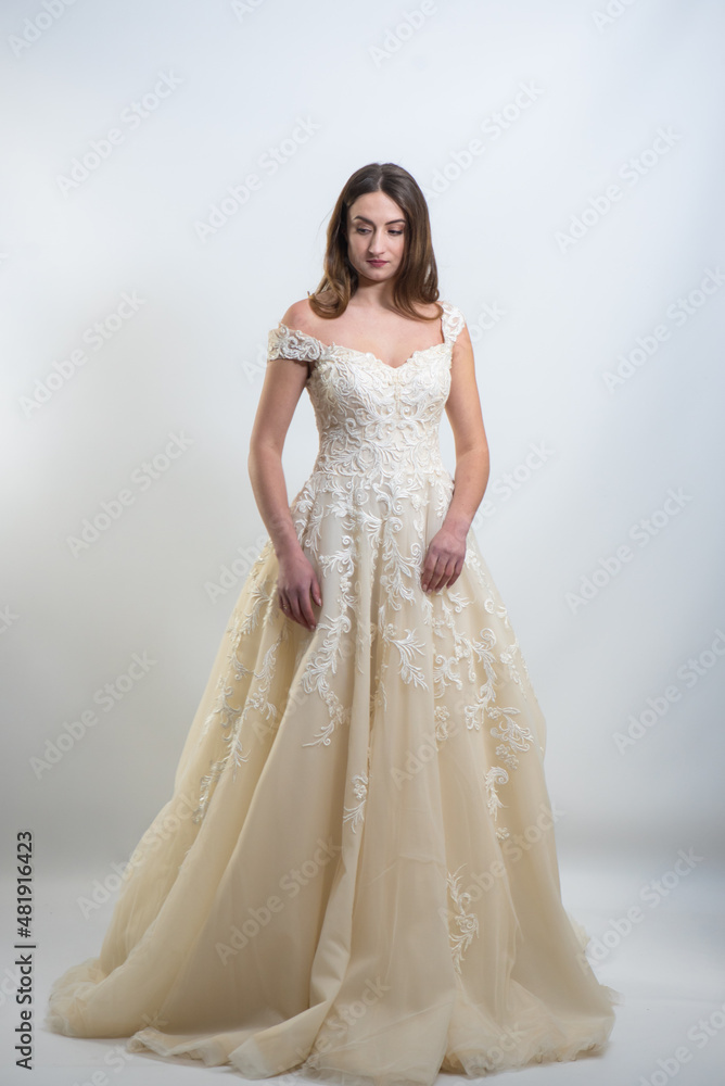 Beauty portrait of bride wearing fashion wedding dress with feathers with luxury delight make-up and hairstyle, studio indoor photo. Beauty portrait of bride wearing fashion wedding dress with feathers with luxury delight make-up and hairstyle, studio indoor photo.