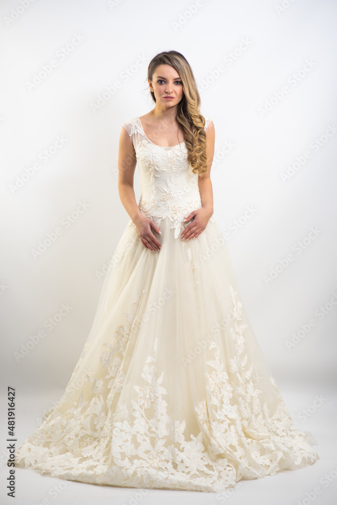 Beautiful bride with fashion hairstyle and make-up wearing wedding dress on white background Beautiful bride with fashion hairstyle and make-up wearing wedding dress on white background