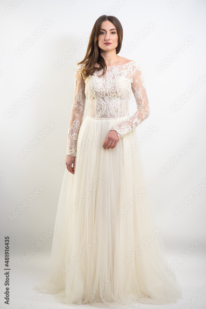 Beautiful bride in a magnificent white wedding dress of tulle with corset lacing and long beauty hair Beautiful bride in a magnificent white wedding dress of tulle with corset lacing and long beauty hair