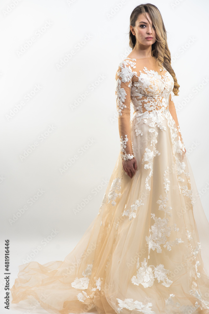 Beautiful attractive bride in wedding dress with long full skirt, white background Beautiful attractive bride in wedding dress with long full skirt, white background