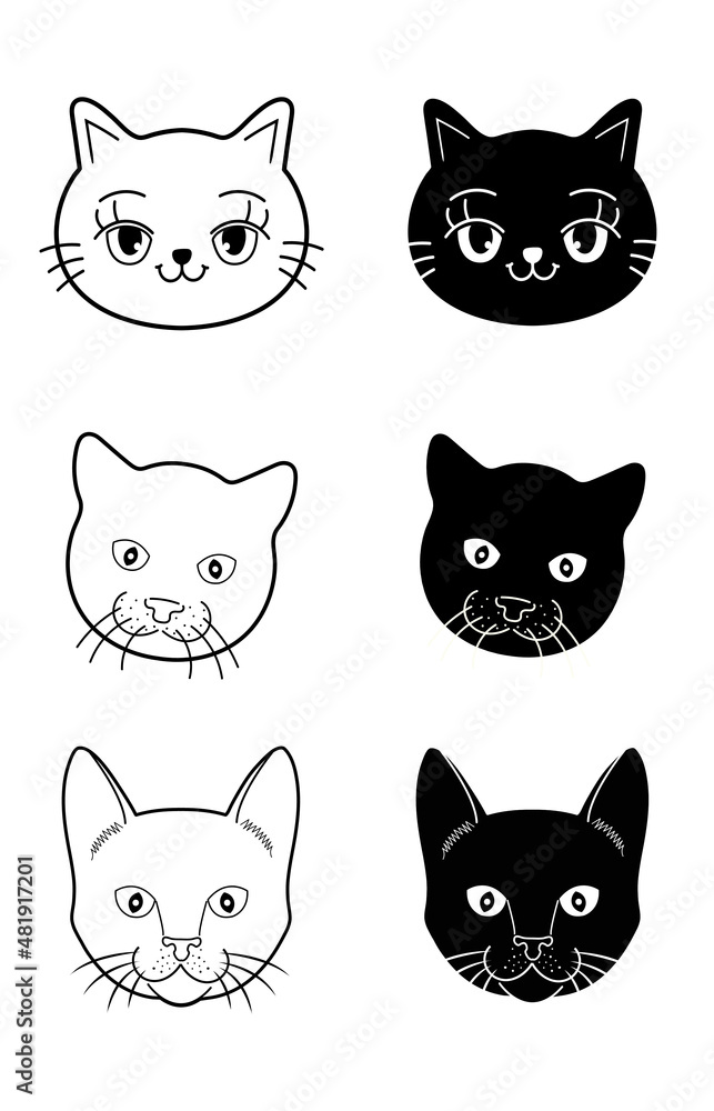 Set of black and white cute cat faces for Halloween, logo. Pet, Animal vector illustration icons. cartoon kitten character. isolated on white background.