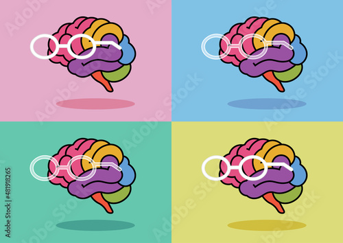 Colorful human brain wearing glasses cartoony icon in pop art style vector illustration on various color theme