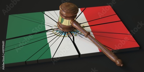 Judge's gavel and broken block with flag of Mexico. Conceptual 3d rendering