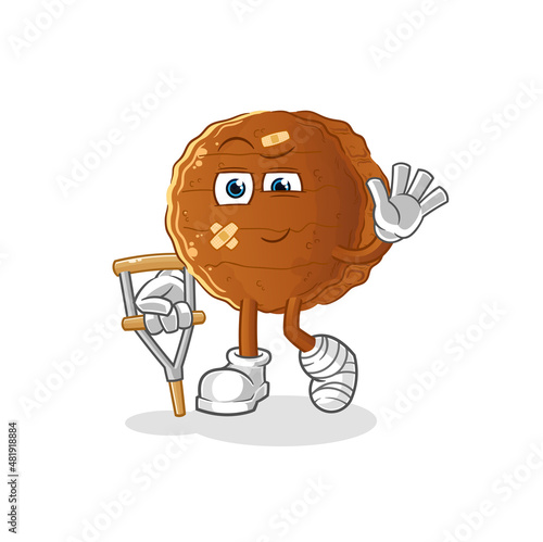 burger meat sick with limping stick. cartoon mascot vector