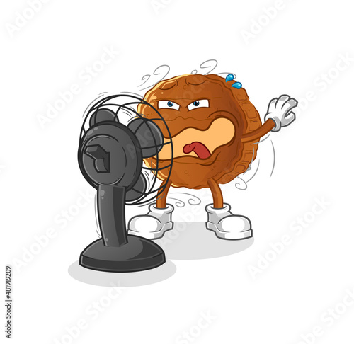 burger meat in front of the fan character. cartoon mascot vector