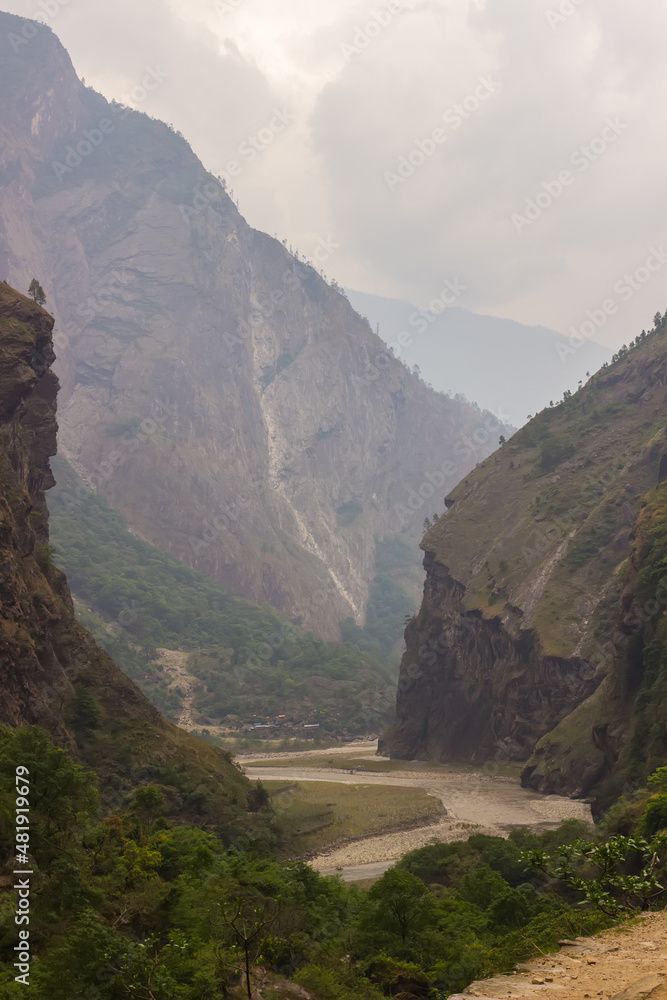 View of the river flowing in a mountain gorge in the Himalayas.