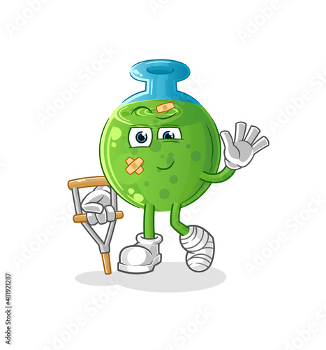 chemical tube sick with limping stick. cartoon mascot vector