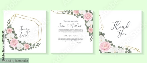 Vector floral template for wedding invitations. Pink roses, white orchids, eucalyptus, green plants and flowers. Postcard for your text.
