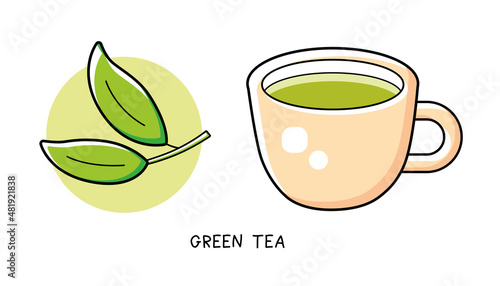 Green tea cup isolated cartoon vector and tea branch with two leaves icon