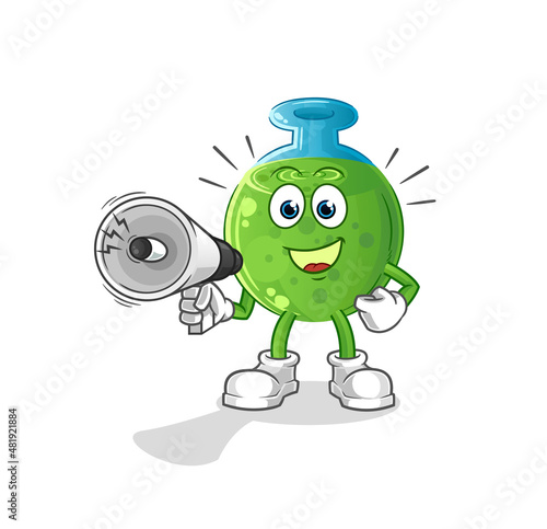 chemical tube holding hand loudspeakers vector. cartoon character