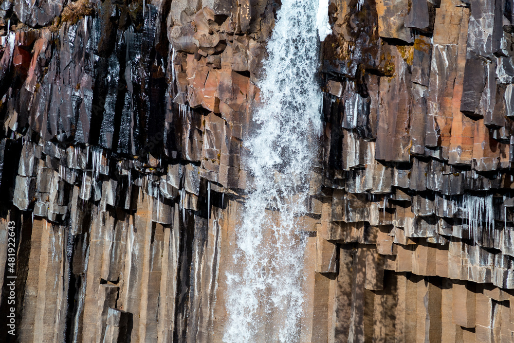 Closeup of Svartifoss Basalt Column Waterfall in Iceland in Skaftafell National Park