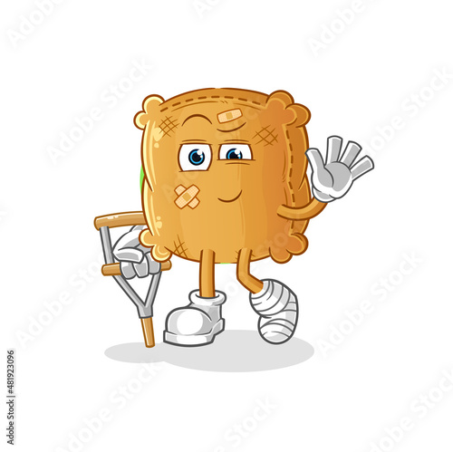 burlap sack sick with limping stick. cartoon mascot vector