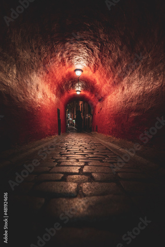 Girl in Black Walking Through Moody Domed Red Alley Hallway