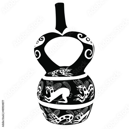 Ethnic ancient Peruvian vessel with animal deer pattern of Mochica or Moche Indians. native American pottery. Black and white silhouette.