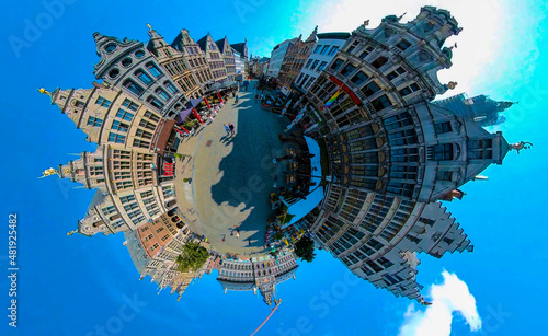little planet format of downtown of the city antwerp in Belgium. On a sunny morning day with no camera in view. 