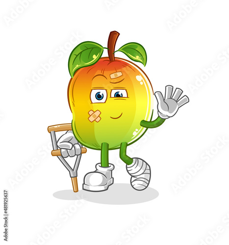 mango sick with limping stick. cartoon mascot vector