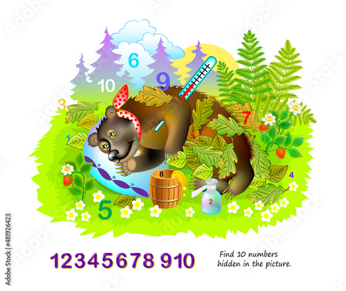 Logic puzzle game for kids. Find 10 numbers hidden in the picture. Educational page for children. Developing counting skills. Play online. IQ test. Task for attentiveness. Cartoon vector illustration.