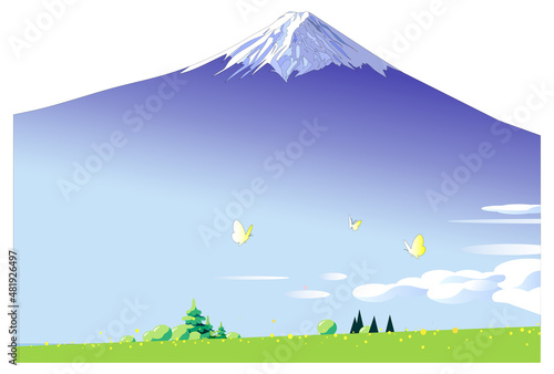 富士山と春の野原に蝶が舞う風景