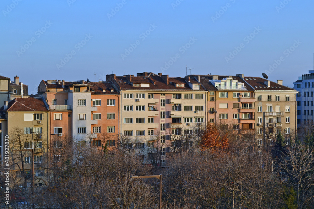 Balcony view of Buildings in the center of Sofia, Bulgaria.