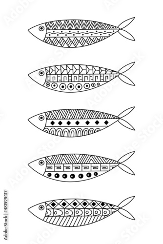 Mexican Aztec and Mayan Ethnic ornate Fishes vector set. Ancient tribal Inka style Ocean and Sea Animal. Marine Life outline hand drawn graphic design elements isolated for label, emblem, coloring
