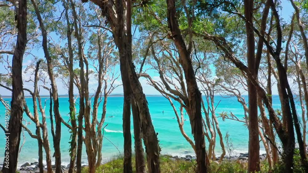 Noosa Heads coast. Surfers on sea waves during Queensland vacation time Noosa Heads coast. Surfers on sea waves during Queensland vacation time